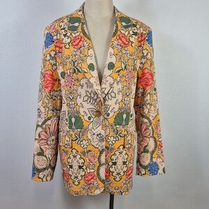 A LOVES A Women's Linen Blazer NWOT Woven Yellow Folk Art Floral Cotton Lined XL